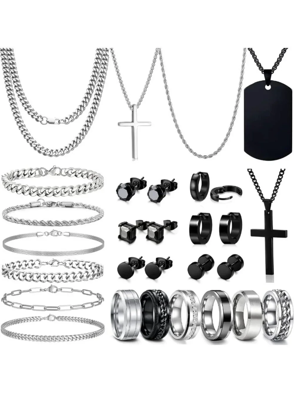 30Pcs Men's Stainless Steel Jewelry Set - Rings, Chains, Bracelets & Earrings